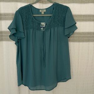 Style & Co Bright Wovens XL Smoke Blue blouse with Smocking & Tie closure. NWT
